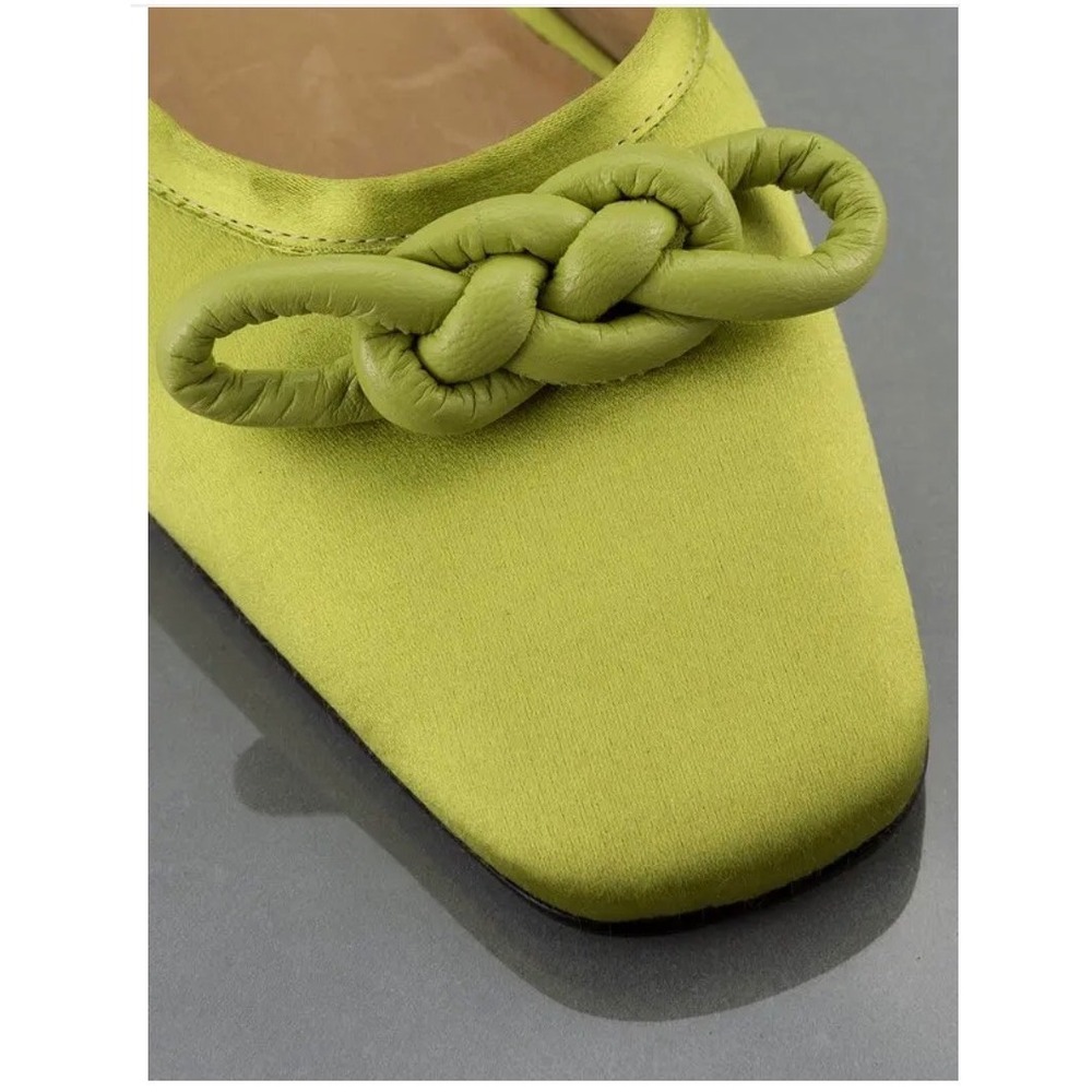 FRAME $348 Chartreuse Satin Le Island Flat 6 Braided Knot Mules Square Toe Green - Picture 2 of 9